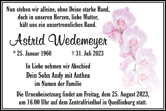 Traueranzeige von Astrid Wedemeyer von Trauerkombi Quedlinburg