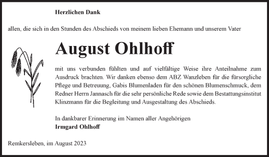 Traueranzeige von August Ohlhoff von Volksstimme Oschersleben/Wanzleben