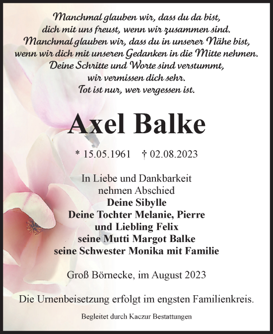 Traueranzeige von Axel Balke von Volksstimme Staßfurt