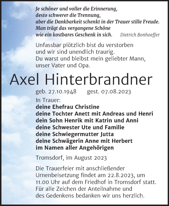 Traueranzeige von Axel Hinterbrandner von Wochenspiegel Naumburg/Nebra