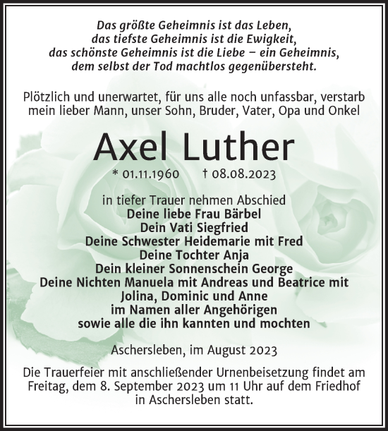 Traueranzeige von Axel Luther von Trauerkombi Aschersleben