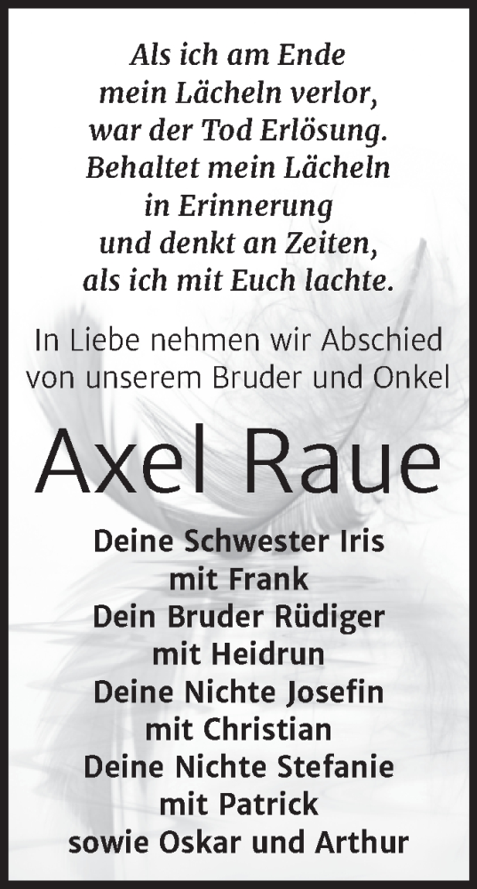Traueranzeige von Axel Raue von Trauerkombi Köthen