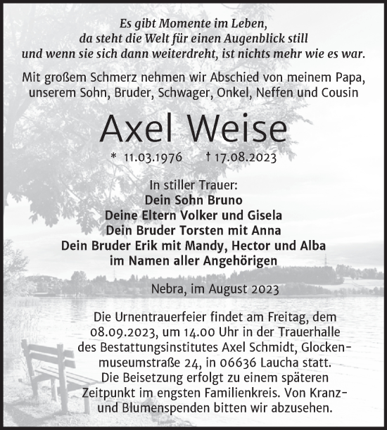 Traueranzeige von Axel Weise von Wochenspiegel Naumburg/Nebra