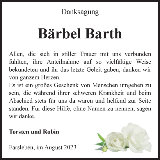 Traueranzeige von Bärbel Barth von Volksstimme Haldensleben/Wolmirstedt
