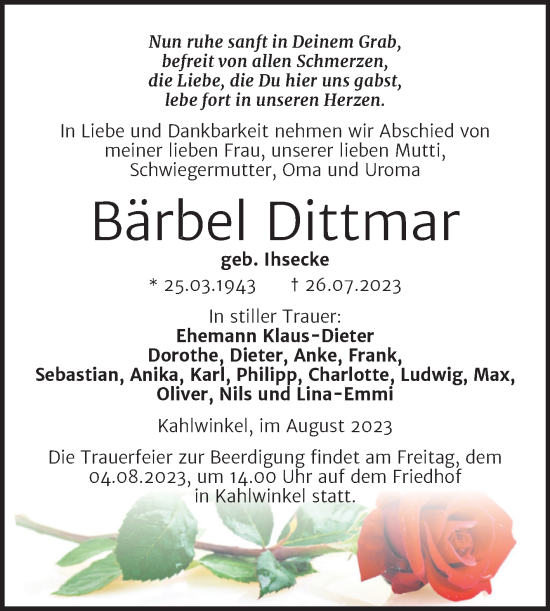 Traueranzeige von Bärbel Dittmar von Wochenspiegel Naumburg/Nebra