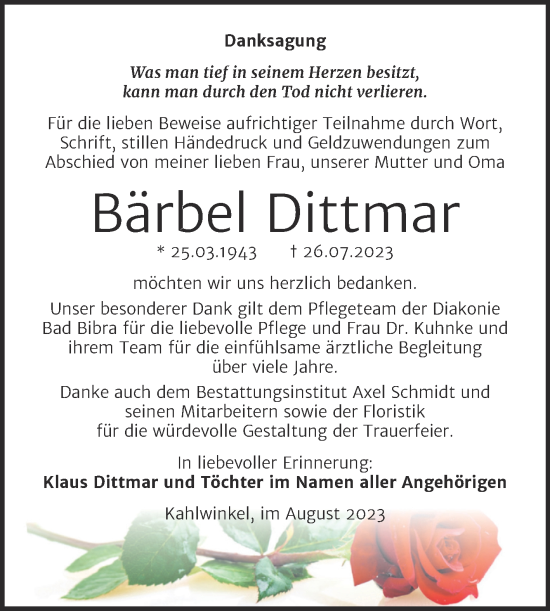 Traueranzeige von Bärbel Dittmar von Wochenspiegel Naumburg/Nebra