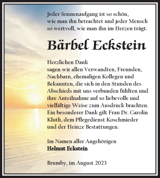Traueranzeige von Bärbel Eckstein von Volksstimme Schönebeck