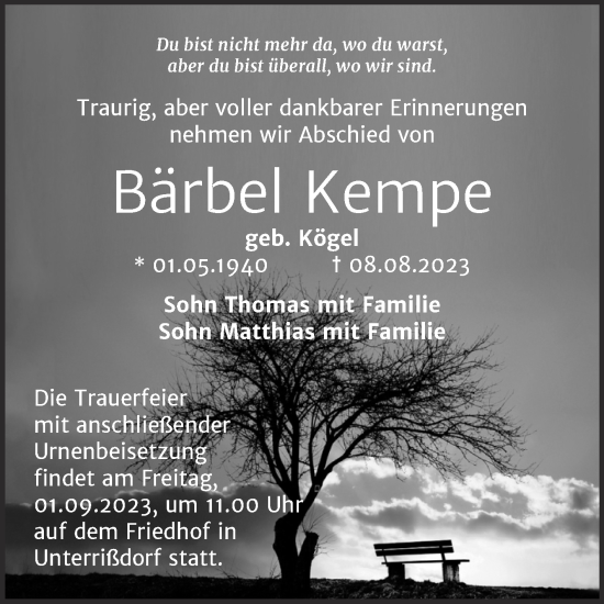 Traueranzeige von Bärbel Kempe von Trauerkombi Mansfelder Land