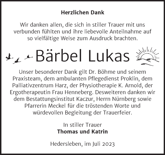 Traueranzeige von Bärbel Lukas von Trauerkombi Quedlinburg