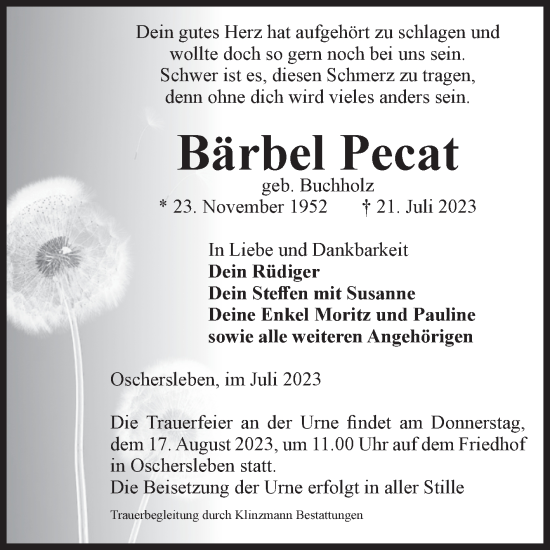 Traueranzeige von Bärbel Pecat von Volksstimme Oschersleben/Wanzleben