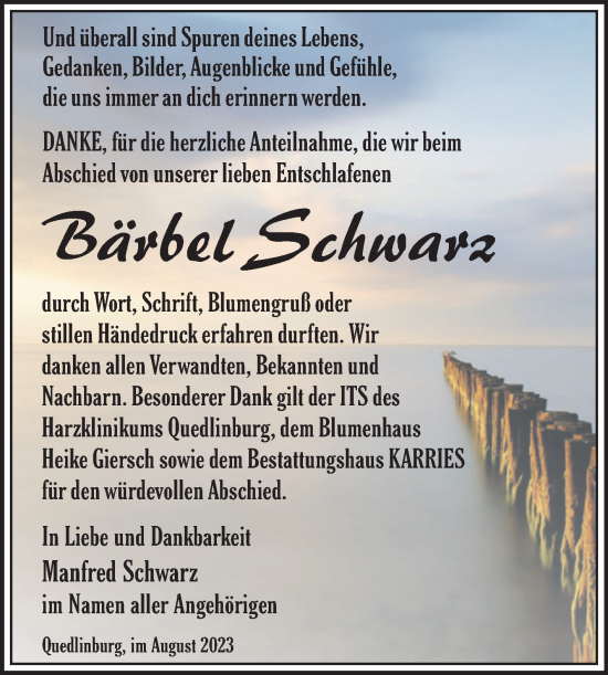 Traueranzeige von Bärbel Schwarz von Trauerkombi Quedlinburg