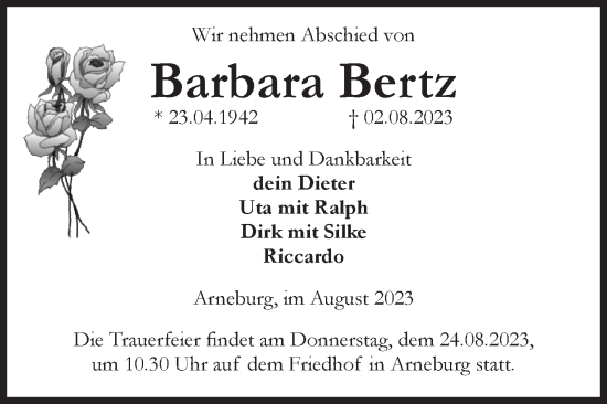 Traueranzeige von Barbara Bertz von Volksstimme Altmark Ost