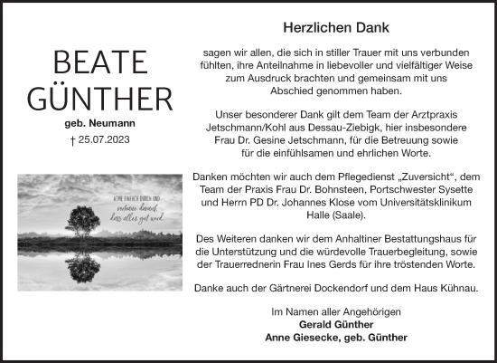 Traueranzeige von Beate Günther von Trauerkombi Dessau