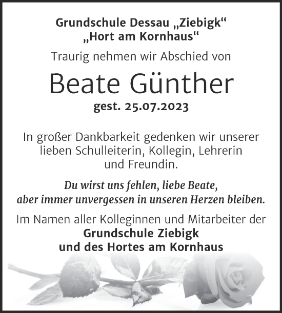 Traueranzeige von Beate Günther von Trauerkombi Dessau