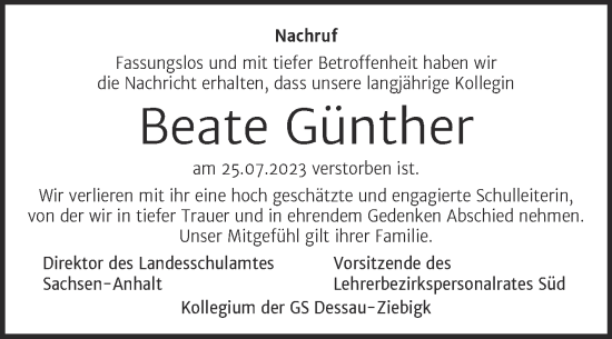 Traueranzeige von Beate Günther von Mitteldeutsche Zeitung Dessau-Roßlau
