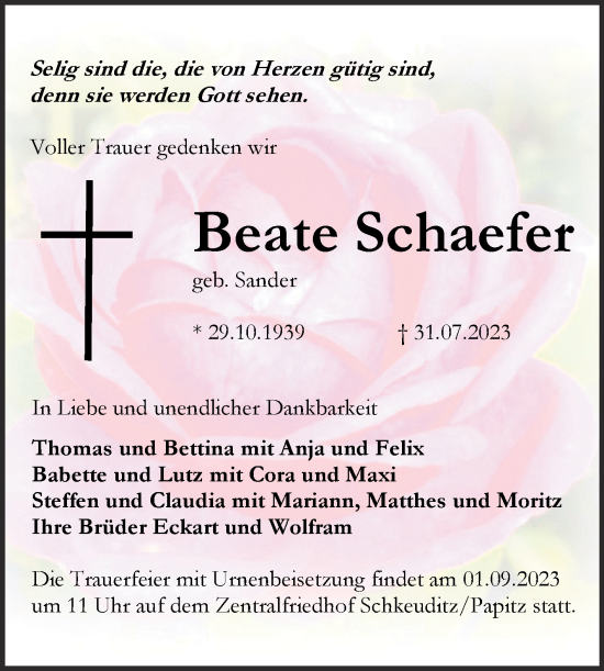 Traueranzeige von Beate Schaefer von Mitteldeutsche Zeitung Halle/Saalkreis