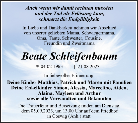 Traueranzeige von Beate Schleifenbaum von Trauerkombi Wittenberg