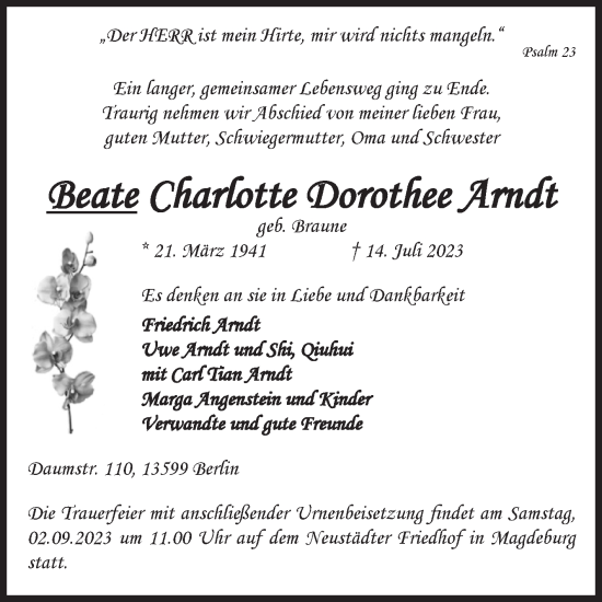 Traueranzeige von Beate Charlotte Dorothee Arndt von Volksstimme Magdeburg