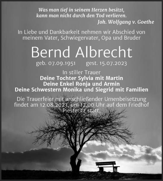 Traueranzeige von Bernd Albrecht von Trauerkombi Wittenberg
