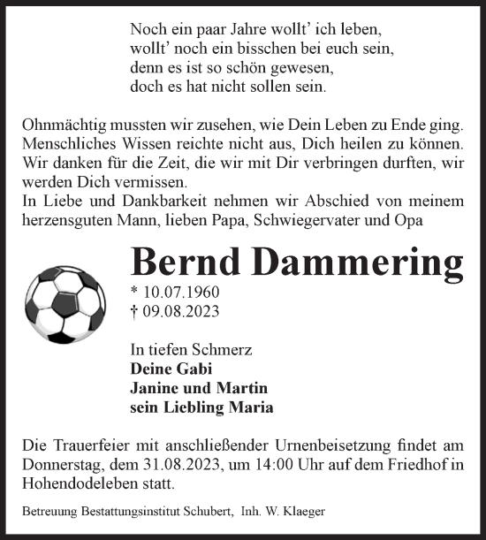 Traueranzeige von Bernd Dammering von Volksstimme Oschersleben/Wanzleben