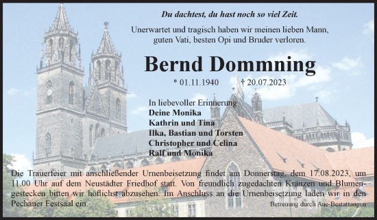 Traueranzeige von Bernd Domming von Volksstimme Magdeburg