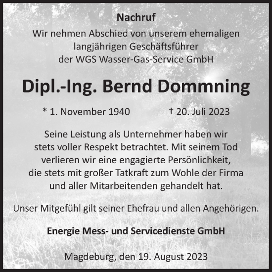 Traueranzeige von Bernd Dommning von Volksstimme Magdeburg