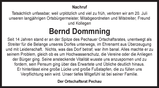 Traueranzeige von Bernd Dommning von Volksstimme Magdeburg