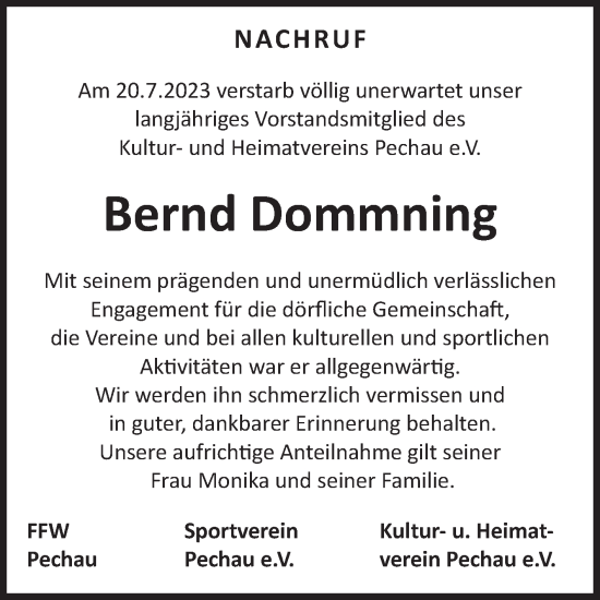 Traueranzeige von Bernd Dommning von Volksstimme Magdeburg