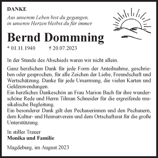 Traueranzeige von Bernd Dommning von Volksstimme Magdeburg