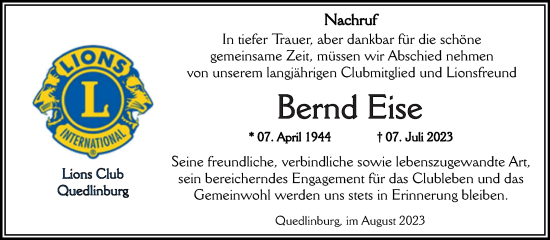 Traueranzeige von Bernd Eise von Mitteldeutsche Zeitung Quedlingburg