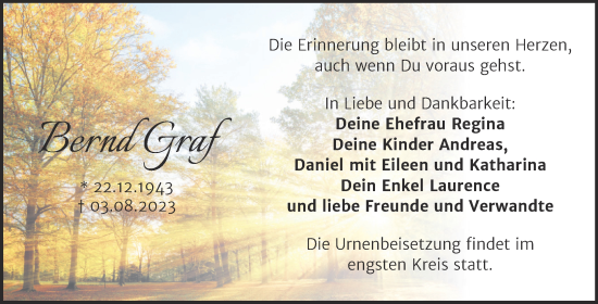 Traueranzeige von Bernd Graf von Mitteldeutsche Zeitung Mansfelder Land