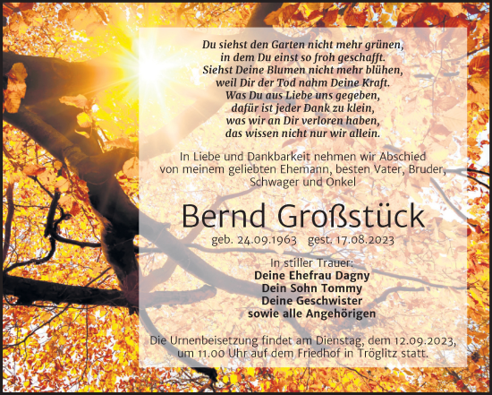 Traueranzeige von Bernd Großstück von Trauerkombi Zeitz
