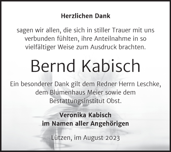 Traueranzeige von Bernd Kabisch von Trauerkombi Weißenfels