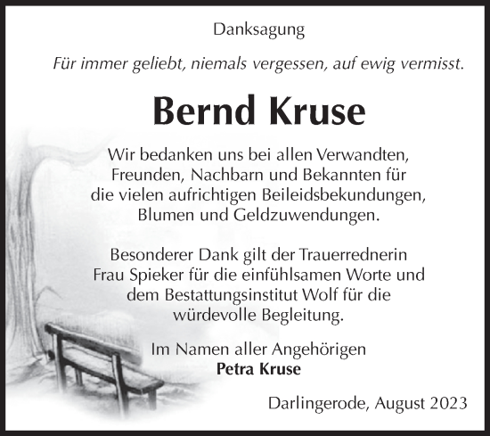 Traueranzeige von Bernd Kruse von Volksstimme Wernigerode