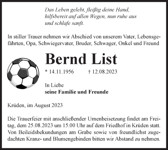 Traueranzeige von Bernd List von Volksstimme Altmark Ost