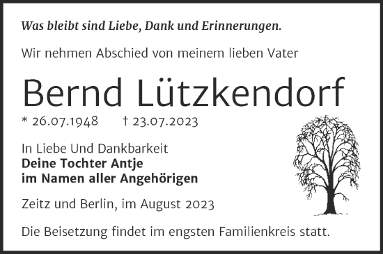 Traueranzeige von Bernd Lützkendorf von Trauerkombi Zeitz