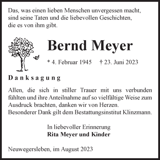 Traueranzeige von Bernd Meyer von Volksstimme Oschersleben/Wanzleben
