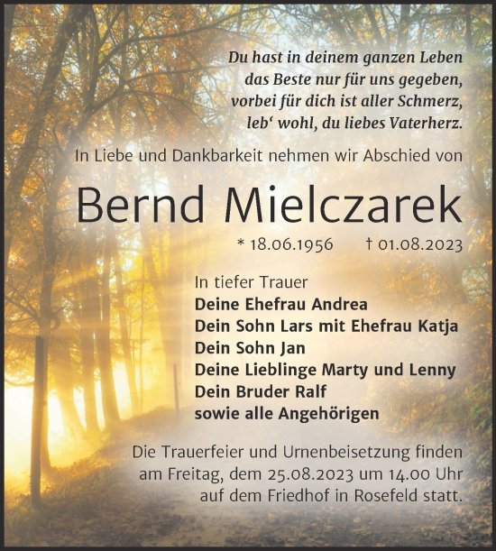 Traueranzeige von Bernd Mielczarek von Mitteldeutsche Zeitung Dessau-Roßlau