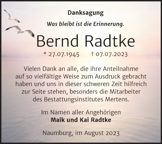Traueranzeige von Bernd Radtke von Wochenspiegel Naumburg/Nebra