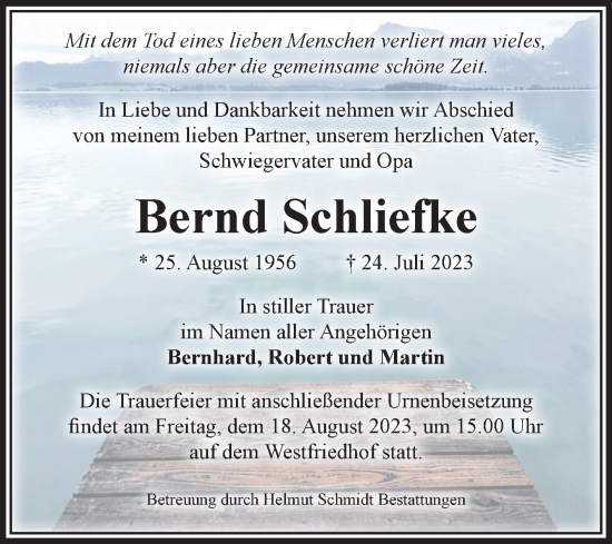 Traueranzeige von Bernd Schliefke von Volksstimme Magdeburg