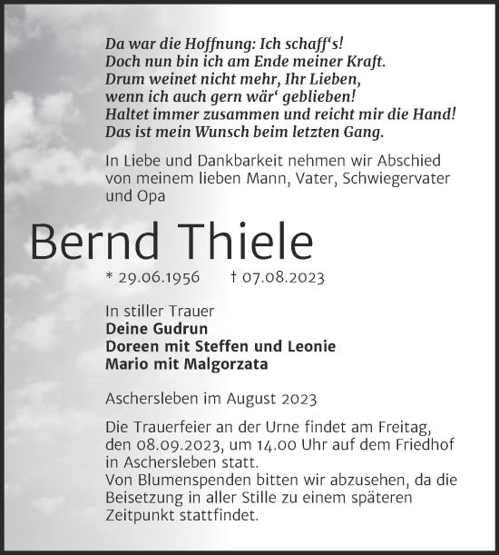 Traueranzeige von Bernd Thiele von Trauerkombi Aschersleben