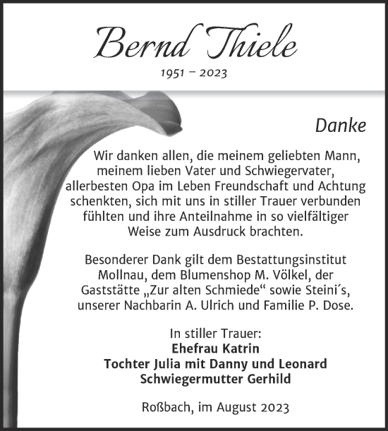 Traueranzeige von Bernd Thiele von Trauerkombi Merseburg