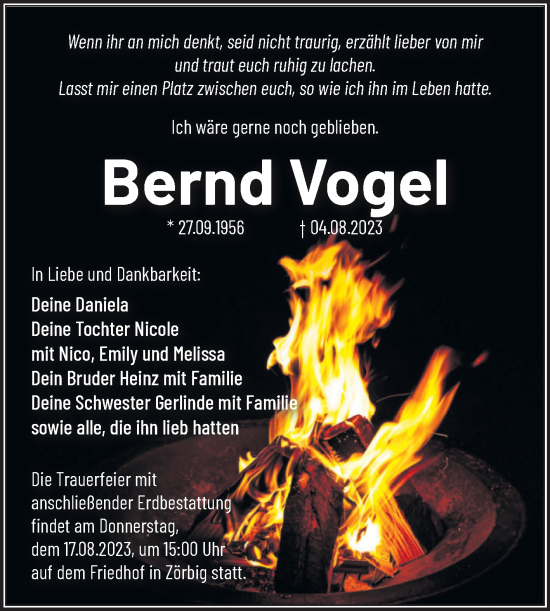 Traueranzeige von Bernd Vogel von Trauerkombi Wittenberg