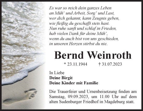 Traueranzeige von Bernd Weinroth von Volksstimme Magdeburg
