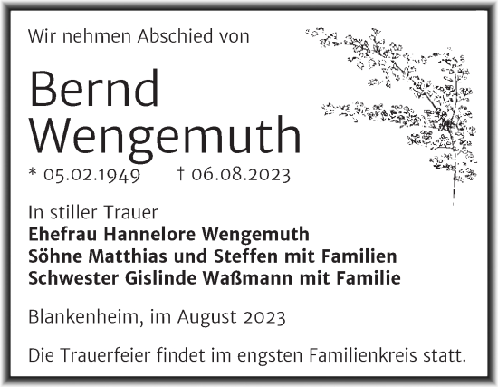 Traueranzeige von Bernd Wengemuth von Trauerkombi Sangerhausen