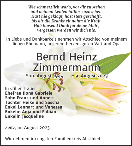 Traueranzeige von Bernd Heinz Zimmermann von Trauerkombi Zeitz