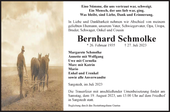 Traueranzeige von Bernhard Schmolke von Volksstimme Halberstadt