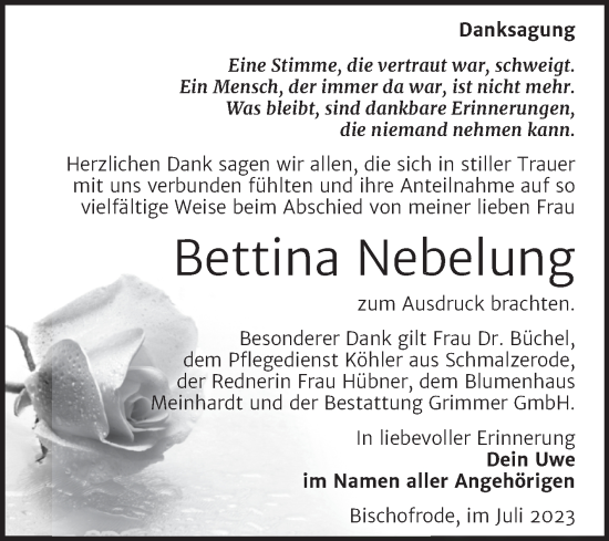 Traueranzeige von Bettina Nebelung von Trauerkombi Mansfelder Land
