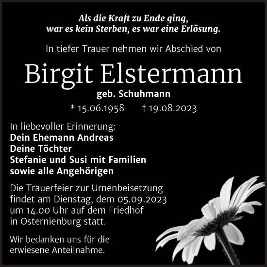 Traueranzeige von Birgit Elstermann von Trauerkombi Köthen