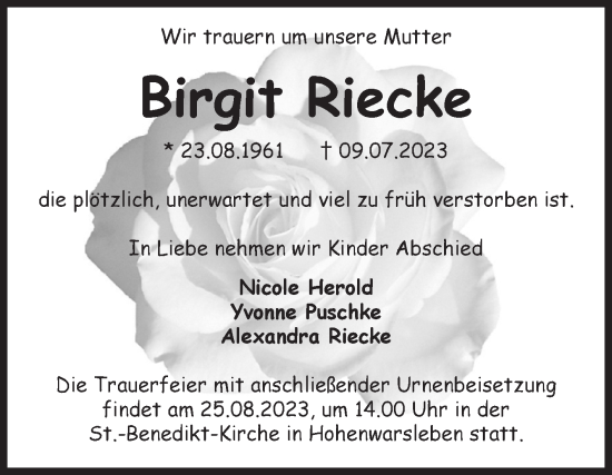 Traueranzeige von Birgit Riecke von Volksstimme Haldensleben/Wolmirstedt